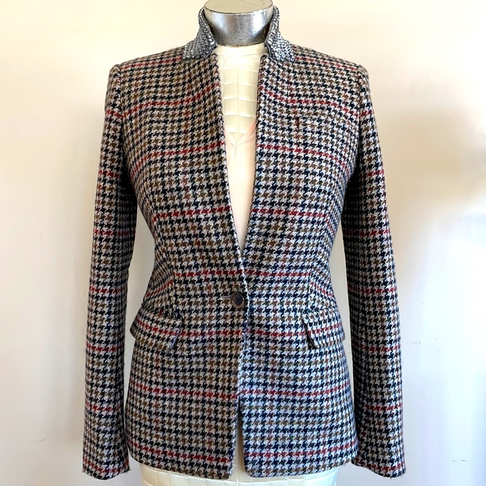 NEW J Crew 100% wool Regent Blazer crystal collar houndstooth jacket 2 - Picture 5 of 13